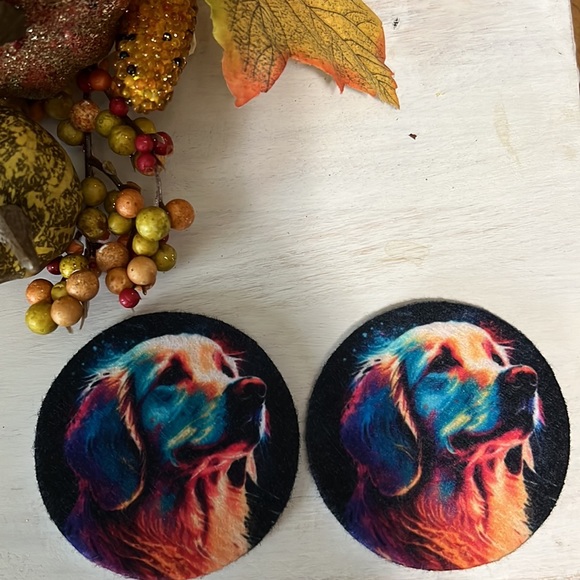 2pcs Rainbow Golden Retriever Dog Absorbent Car Cup Holder Coaster Mats - Picture 3 of 3